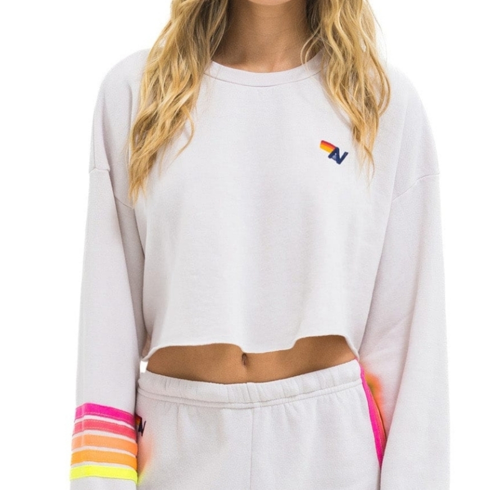 Aviator Nation RUGBY STITCH CROPPED CREW SWEATSHIRT RELAXED - DOVE GREY // NEON
